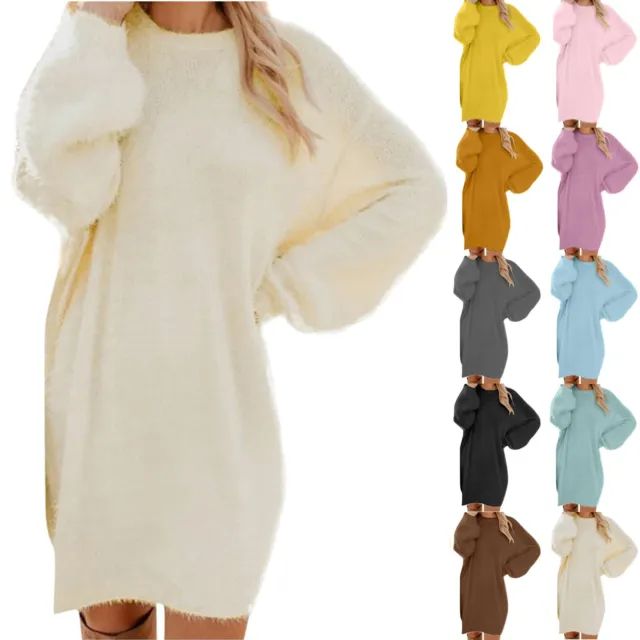Womens Sweaters, Casual Fuzzy Crewneck Long Sleeve Oversized Sweater Dress Loose