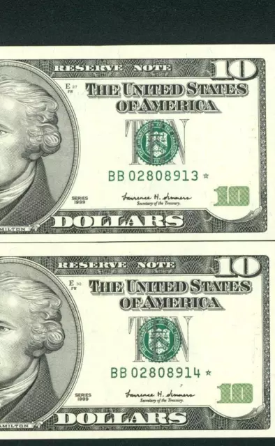 ** Star ** (Two Consecutive) $10 1999 (( Cu )) Federal Reserve Note ** Currency