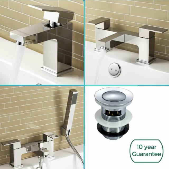 Modern Square Chrome Bathroom Basin Sink Mixer Bath Filler Tap Set Shower Taps