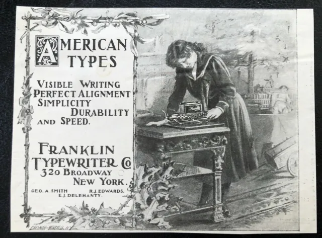 1898FRANKLIN Visible Typewriter Vtg Victorian Era Print Ad~Young Girl Xmas Holly