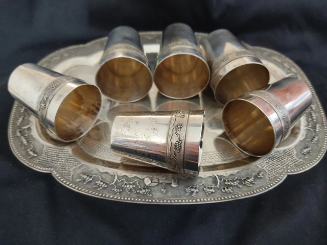 Vintage Soviet USSR  Silver 900 Tray 6 Cups Etched Vietnam 286gr