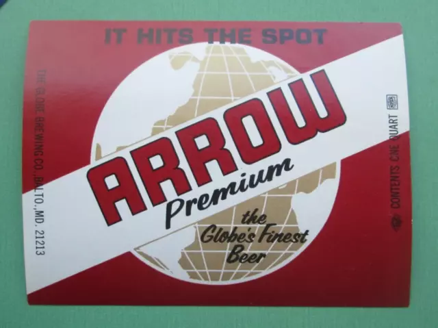 Vintage Beer Label The Globe Brewing Co Arrow Premium One Quart