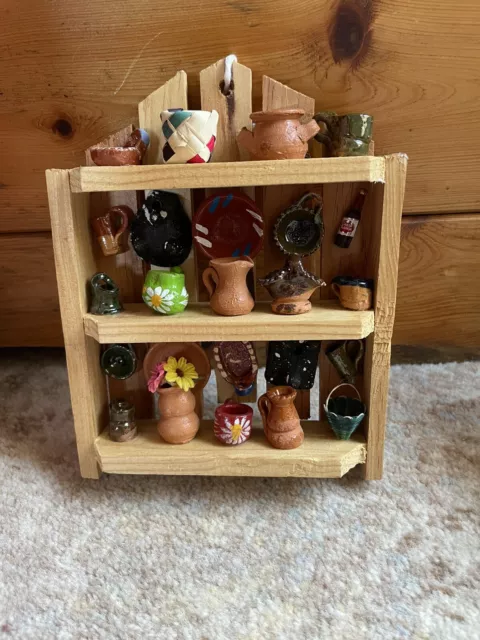 Handmade Mexican Miniature Pottery and Basket in Shelf Kitchen Wall Decoration 