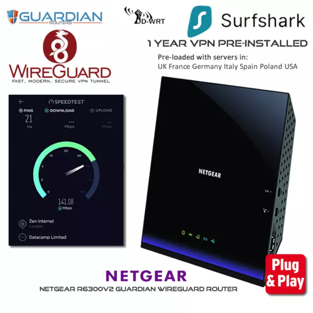 Netgear R6250 Guardian Wireguard router VPN +1 anno Surfshark funziona in tutto il mondo
