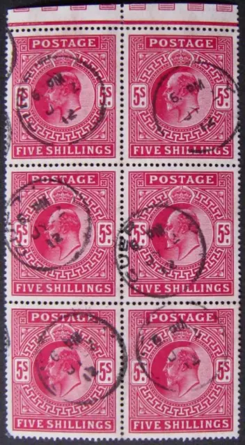 EdVII 5/- bright carmine BLOCK OF 6, very fine cds used & scarce. Sg.263