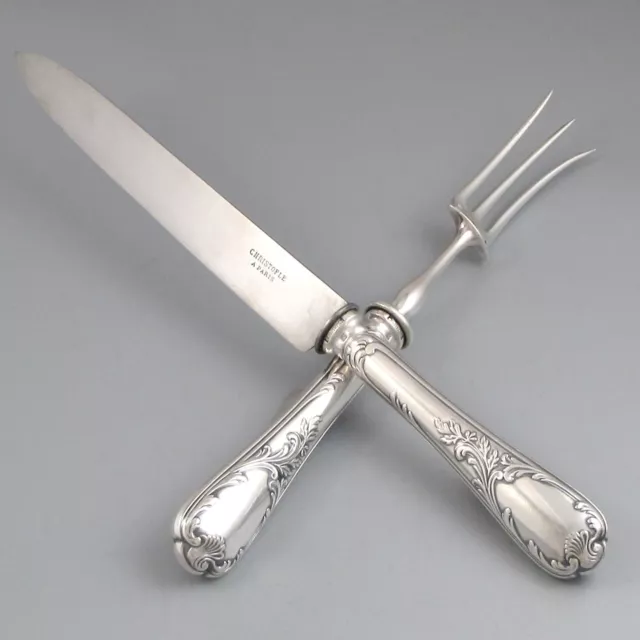 Antique French Christofle “Marly” Silverplated Carving Set, Fork and Knife