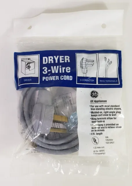 Dryer 3 Wire Power Cord, 4 Feet 30 Amp 250 Volt, GE NEW