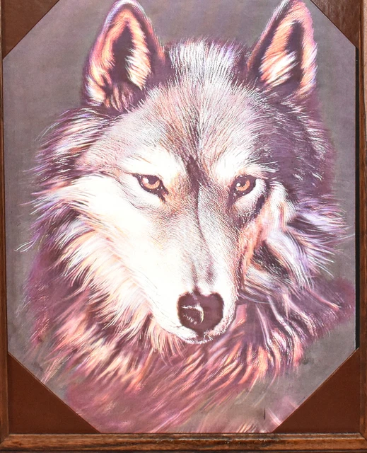 Vintage 3D Lenticular Print of Wolf in Screened Shadowbox Wooden Frame 20" x 16"