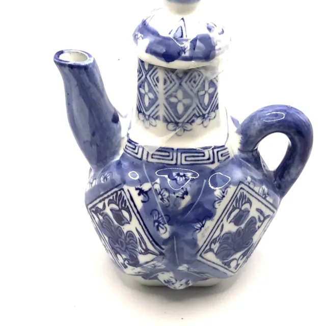 Teapot   Blue White Angular Shape Oriental Porcelain  7 1/2"H.