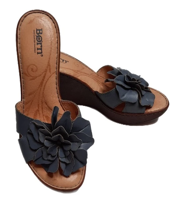 BOC Womens Floral Wedge Sandals Size 9 Blue Flower Open Toe Slip On Leather