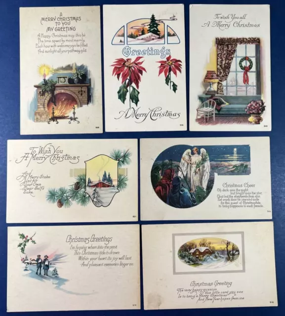 7 Nice Christmas Antique Postcards. Same publisher. Home Scenes, Angel