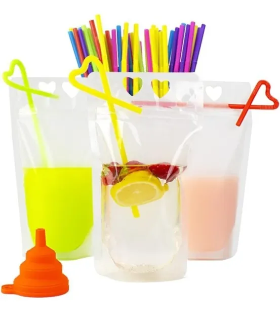 100PCS Drink Pouches Bags Stand-Up Zipper Straws & Funnel for Cold & Hot Drinks