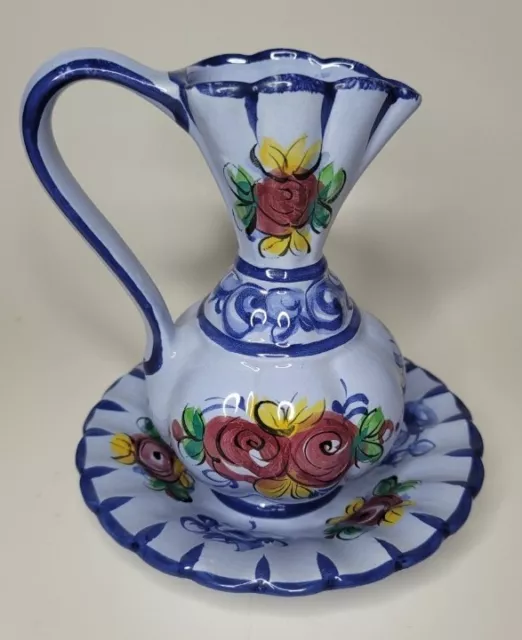 Blue Ceramic Floral Pitcher 6.25" H & Wash Bowl 6.25" D Set Made in Portugal