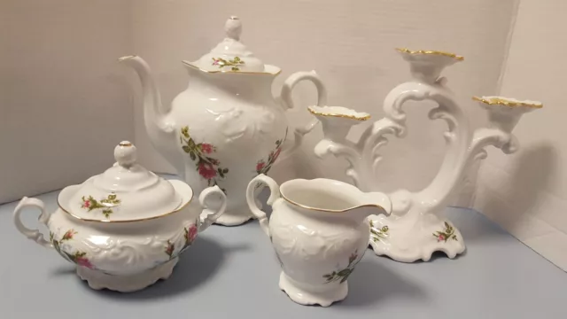 Royal Kent Poland Collection 4 Pc Tea Set Candle Embossed Rose/Floral w/Gold