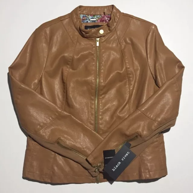 NWT $180 Black Rivet Cognac Tan Faux Leather Vegan Leather Jacket Ribbed Large
