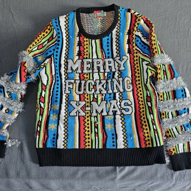 Spencers Workshop XL Ugly Merry Fing X-mas Sweater Garland Multicolored