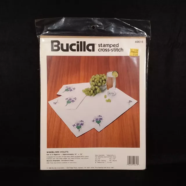 Windblown Violets - Bucilla Stamped Cross Stitch Napkins - Vintage 1992 - SEALED