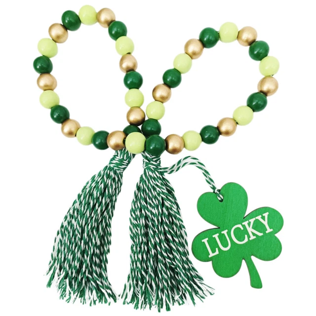 Shamrock Wooden Bead Garland Lucky Greenery Wreath Natural Wooden Bead String
