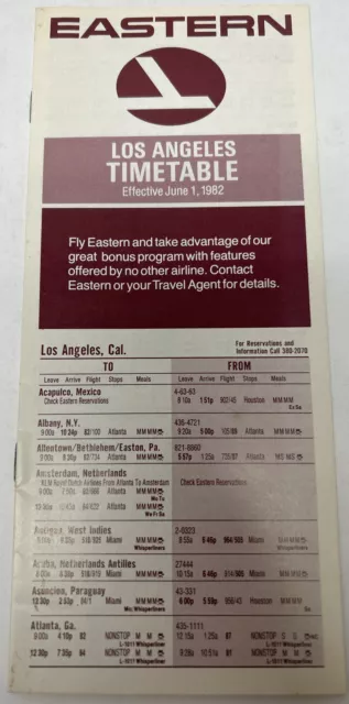 Eastern Airlines Los Angeles Timetable June 1, 1982 Vintage Airline Brochure