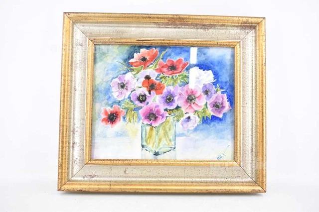 Quadro Acquerello Raffigurante Vaso Di Papaveri 42 X 38 Cm Firmato Max