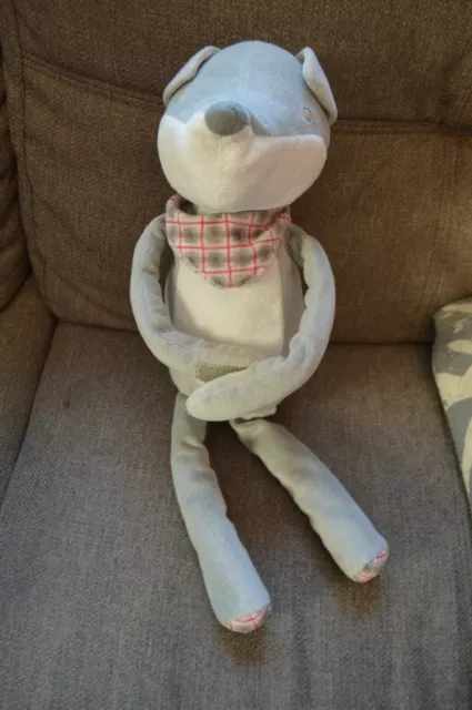 Doudou PELUCHE Obaibi Okaidi renard chien gris blanc bandana rouge carreaux