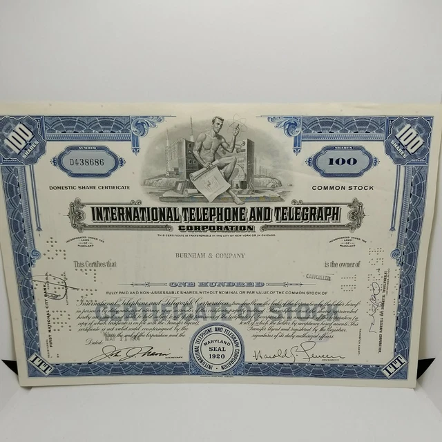 ITT International Telephone & Telegraph Corporation 100 Shares 1966 Canceled