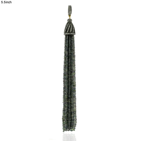18 K Gold Silver 153.3 ct Sapphire Diamond Beaded Tassel Pendant Jewelry