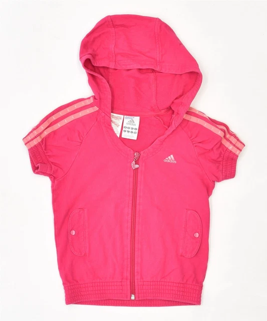 ADIDAS Girls Short Sleeve Zip Hoodie Sweater 5-6 Years Pink Cotton EO10