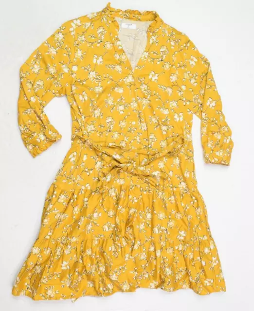 UNTUCKit Jane Shirt Dress Womens 8 Yellow Floral Tie Tiered V-Neck Long Sleeve