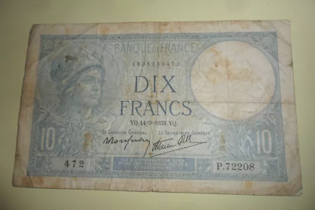 France - Billet de  10 Francs Bleu/Minerve  du 14/09/1939