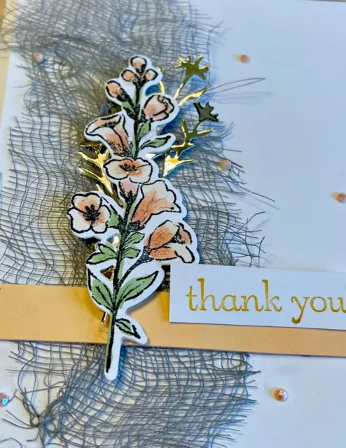 4 estampillas! Juego de tarjetas terminadas de oro ""gracias"" flores doradas