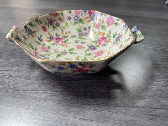 Vintage Royal Winton Grimwades Ivory Old Cottage Chintz Handle Octagon Bowl