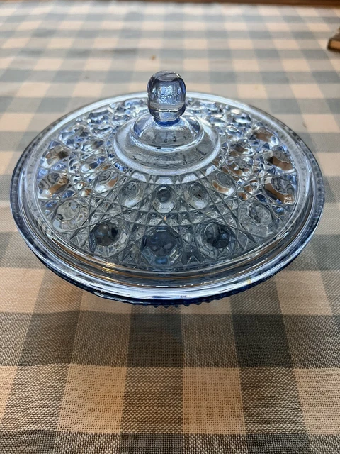 Indiana Glass Windsor Covered Candy Bowl Ice Blue Button and Cane Pattern, Mint