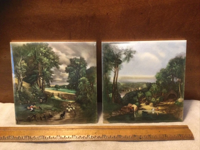 Vintage Pair 6x6” H & R Johnson-England - Wall Tiles European Countryside Scenes