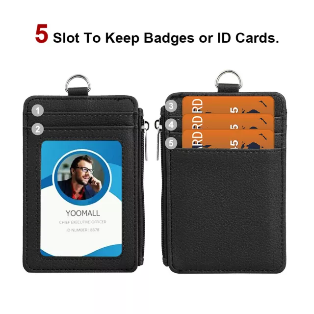 ID Badge Card Holder Synthetic Leather Vertical Clip Neck Strap Lanyard Case