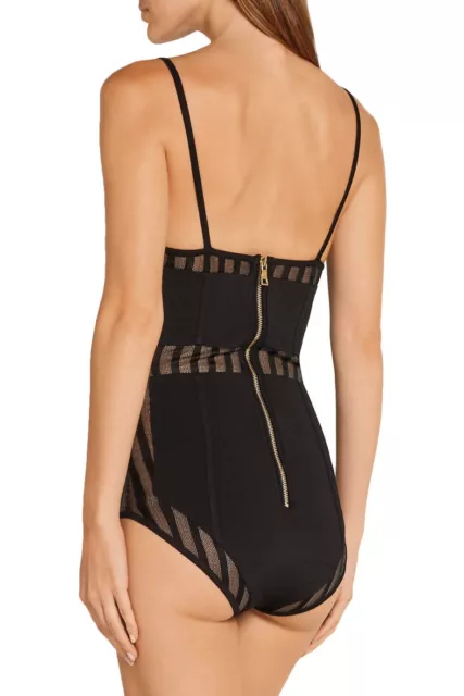 BALMAIN Striped Tulle-paneled Stretch-jersey Bodysuit SZ 34 = US 2 NWOT RT $2.5K 3