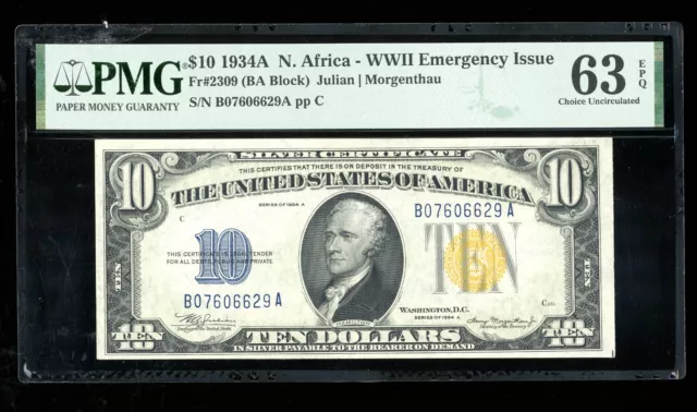 DBR 1934-A $10 North Africa Silver Fr. 2309 PMG 63 EPQ Serial B07606629A