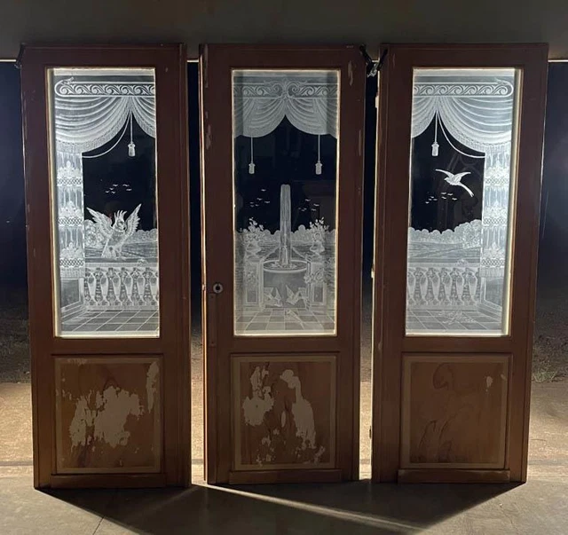*Set of 3 Antique French Etched Glass Doors Frosted Glass w/Birds and Fountain