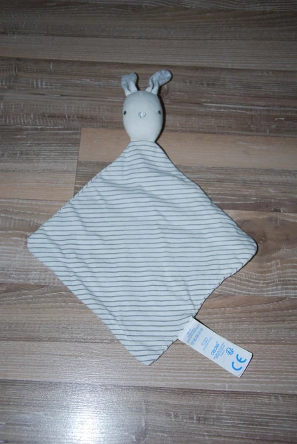 Doudou lapin coton plat carré Obaibi Okaidi blanc rayé gris pois