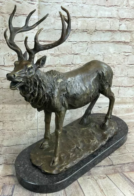 Bronze Marble Base Statue Elk Deer Stag Hunter Wildlife Animal Sculpture Art