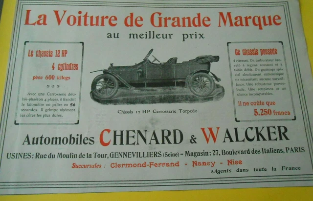 Publicité 1911  La Voiture de Grande Marque Automobiles Chenard & Walcker