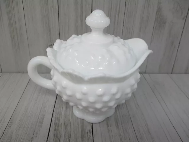 Vintage Fenton White Milk Glass Hobnail Creamer with Lid