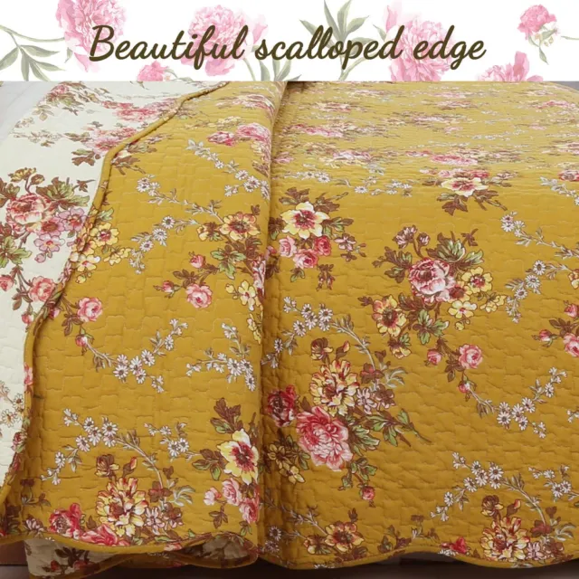 French Country Shabby Chic Elegant Pink Green Leaf Brown Yellow Rose Quilt Set