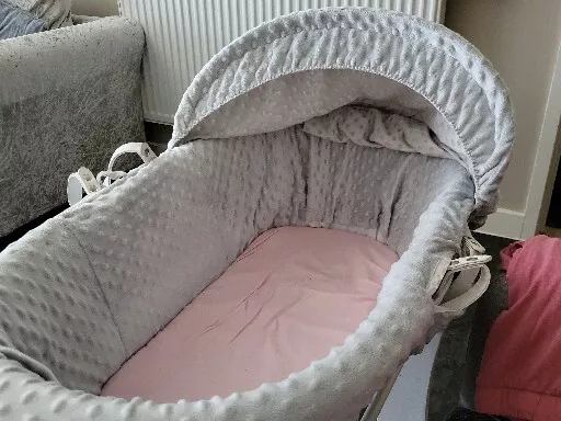 Grey moses basket with stand and mattress