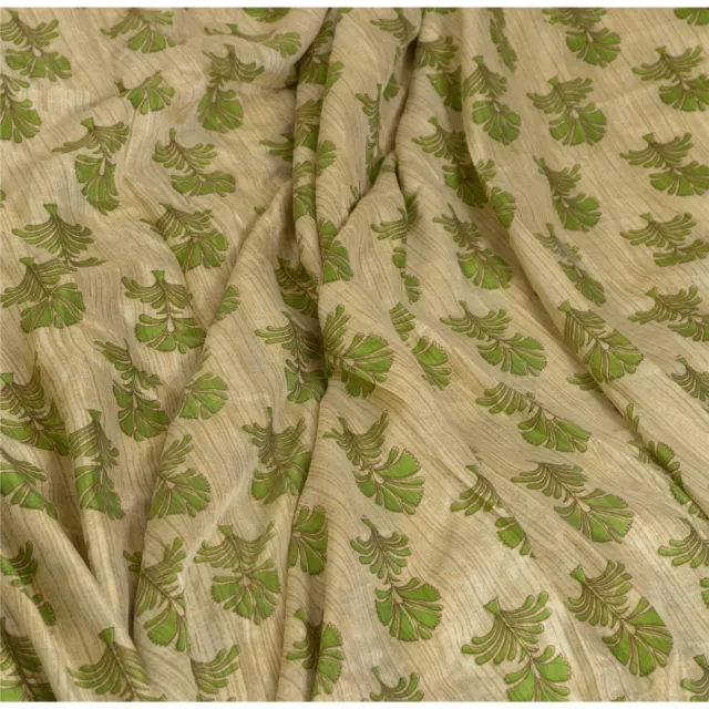 Sanskriti Vintage Sarees Indian Cream/Green Pure Silk Printed Sari Craft Fabric