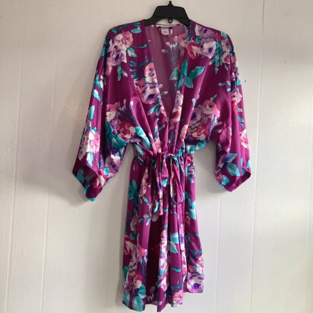 Linea Donatella Kimono Robe Short Silky Poly Dolman Size L/XL Purple Floral