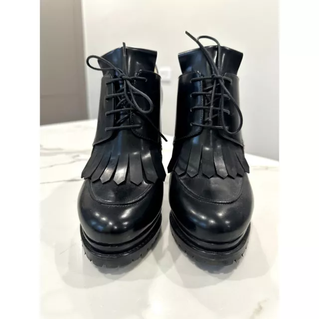 Georgio Armani Fringe Trim Lace-Up Booties in Black Patent Leather Size 37.5 2