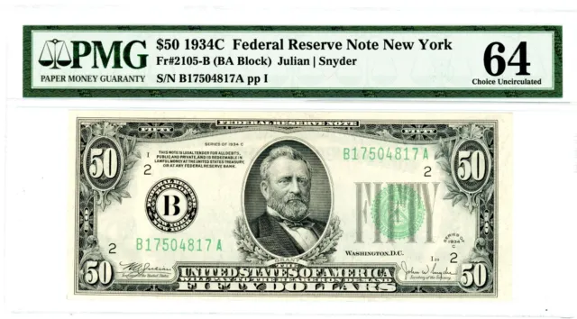 $50 1934C Federal Reserve Note New York  Fr#2105-B  B17504817A  PMG 64