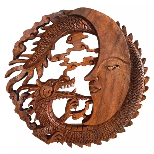 Dragon & Crescent Moon Wall Art Plaque Panel Hand Carved Balinese Wood carving