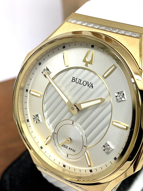 OROLOGIO DONNA BULOVA 98R237 Curv Quarzo Diamante Accento Oro Gomma Bianca 40mm EUR 558 06 PicClick IT